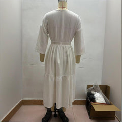 Women's Solid Color Deep V-Neck Long Sleeve Translucent Stitching Design Maxi Beach Bohemian Style Dress