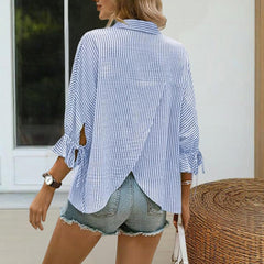 Women's V-Neck Striped Short Sleeve Blouse With Ruffled Cuff Tie & Back Slit Design Fashionable Spring&Summer Top