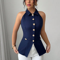 Women's Elegant Solid Sleeveless Vest - Button Front Lapel Top, Slim Fit Camisole For Spring&Summer