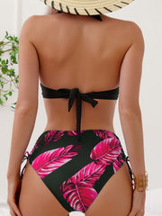 Women's Fashion Bikini Set, Sexy Drawstring Solid Color Tropical Print Two-piece Swimsuit.