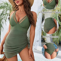 Women's One-Piece Swim Dress, Tummy Control Swimsuit With Mesh Sheer Sarong Wrap