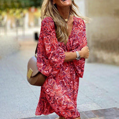 Plus Size Women's Floral Print V-Neck Dress With Drawstring Waist - Bohemian Knee-Length Summer Vacation Dress