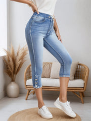 2025 New Women Chic Chic Denim Shorts, Drawstring Closed And Split Button Hem, Comfortable Fabric, Suitable For All Kinds Of Wear, Spring And Summer Women's Wear