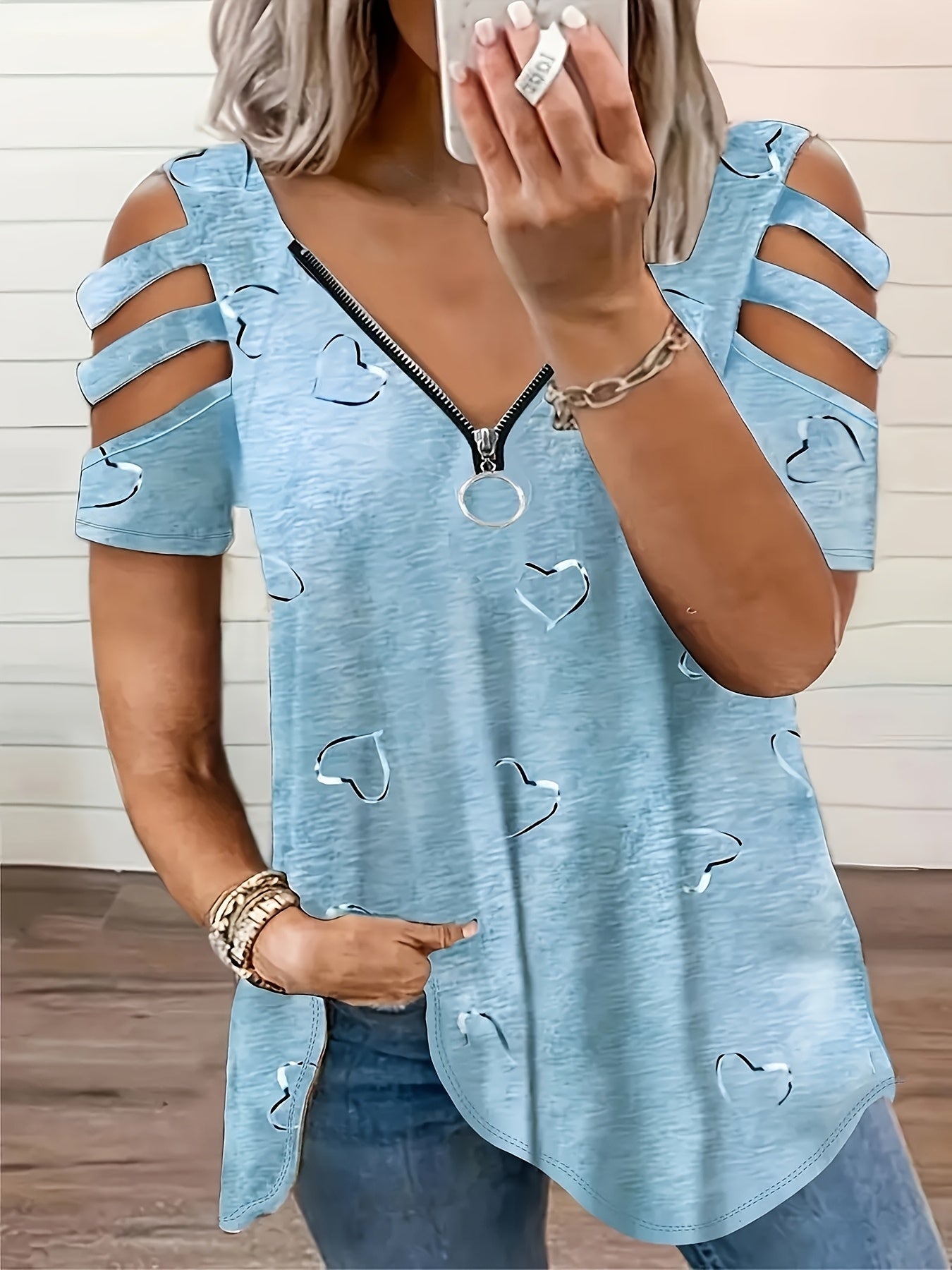 Self-pick-up Plus Size Women'S Casual Heart Print Zipper Short Sleeve Off Shoulder T-Shirt Only Self-pickup Is Supported