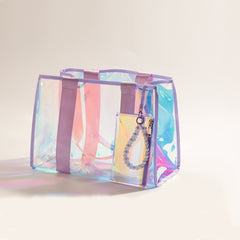 Women's Beach Bag, Beach Bag With Extra Waterproof Phone Pocket, Large Rainbow Color Clear Tote Bag