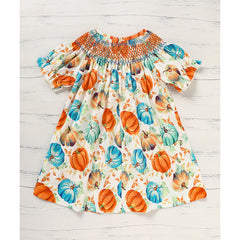 Toddler Baby Girl Pumpkin Smocked Dress Fall Thanksgiving Halloween Embroidered Princess Party Dresses Kids Fall Outfits Clothes