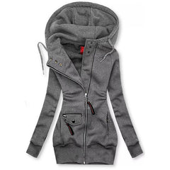Women's Solid Color Long Sleeve Zip-Front Drawstring Hooded Jacket With Pockets Slim Fit Pleated Detail Top For Spring&Fall