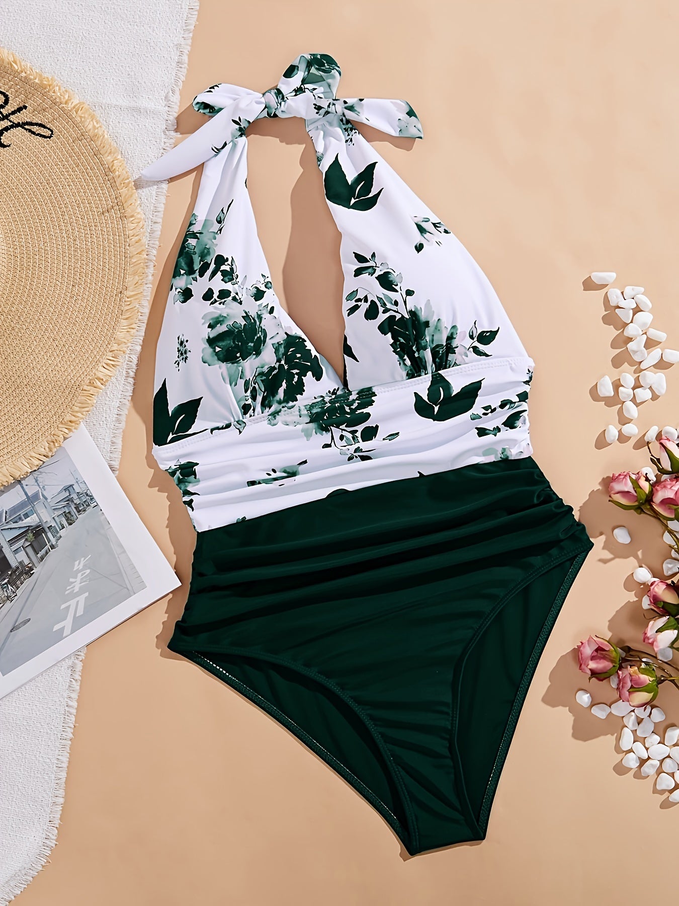 Women's Sexy Three-dimensional Deep V One-piece Swimsuit Flower Print Neck Tie One-piece Vacation Wind Swimsuit