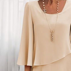 Women's Long Sleeve Crew Neck Tiered Layered Midi Dress , Asymmetrical Hem A-Line Short Elegant Party Dress