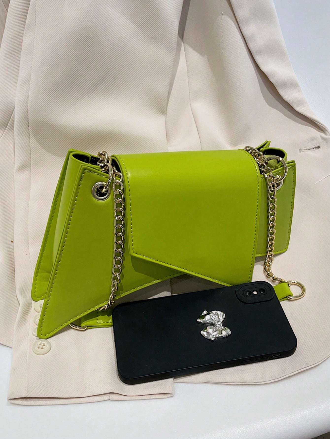 Neon Green Chain Novelty Bag Niche Stone Pattern Flap Underarm Bag PU Leather Textured Bag Purse Fashion Versatile Bag Novelty Gifts , Perfect Best Funny Novelty & Gag Gifts