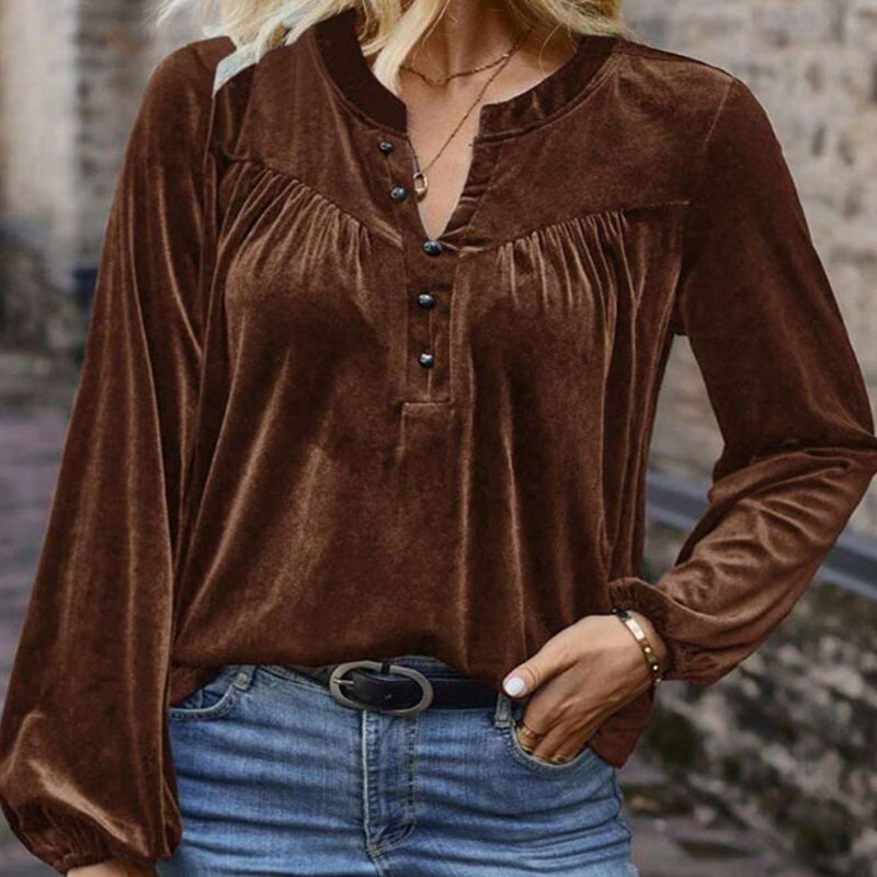 Women's Solid Color V-Neck Button Detail Long Sleeve Pullover Top Casual Elegant Office Blouse