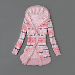 Autumn And Winter Jacket Printed Hooded Wool Liner Knit Midi Length