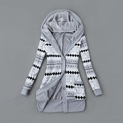 Autumn And Winter Jacket Printed Hooded Wool Liner Knit Midi Length