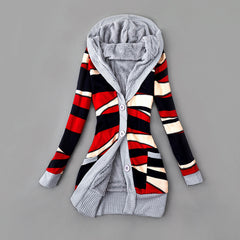 Autumn And Winter Jacket Printed Hooded Wool Liner Knit Midi Length