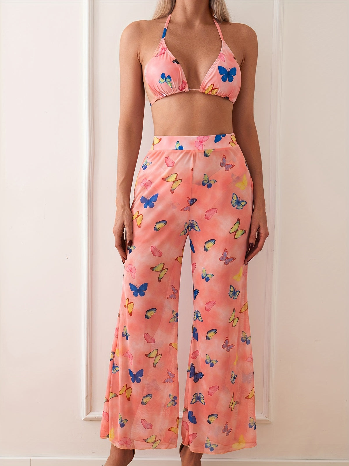 Women's Fashionable Bikini Set With Sexy Pink Butterfly Print And Lace Straps. Beach Style.