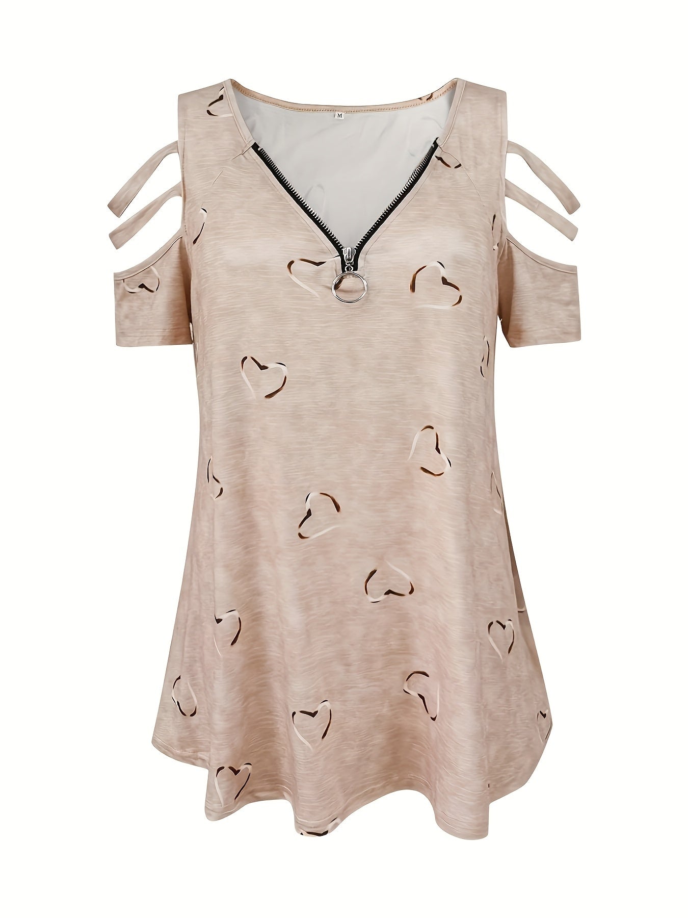 Self-pick-up Plus Size Women'S Casual Heart Print Zipper Short Sleeve Off Shoulder T-Shirt Only Self-pickup Is Supported
