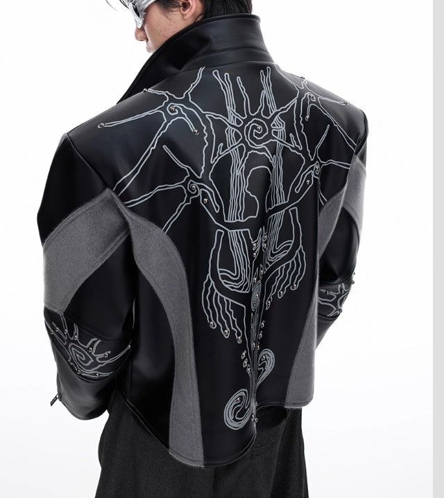 Deconstructing Horse Hair Stitching Jacket Rivet Totem Leather Coat Men