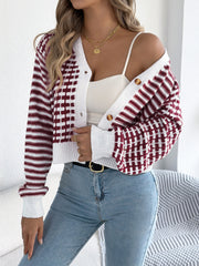 Autumn And Winter Color-blocked Striped Lantern Long Sleeve Cardigan Short Coat Sweater