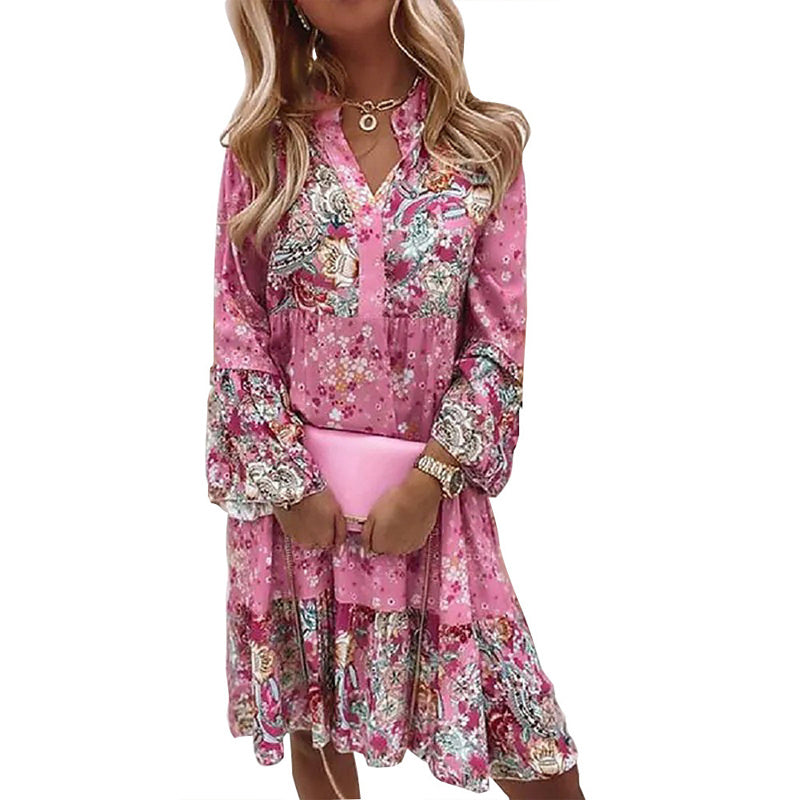 Plus Size Women's Round Neck Button Front Floral Print Dress - Spring Summer Patchwork Midi Dress
