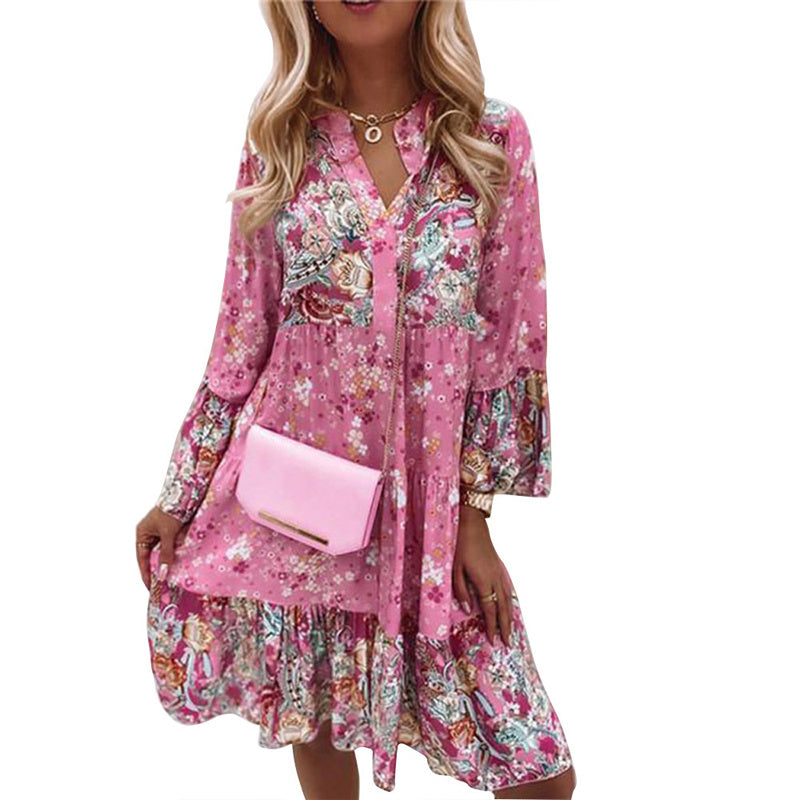 Plus Size Women's Round Neck Button Front Floral Print Dress - Spring Summer Patchwork Midi Dress