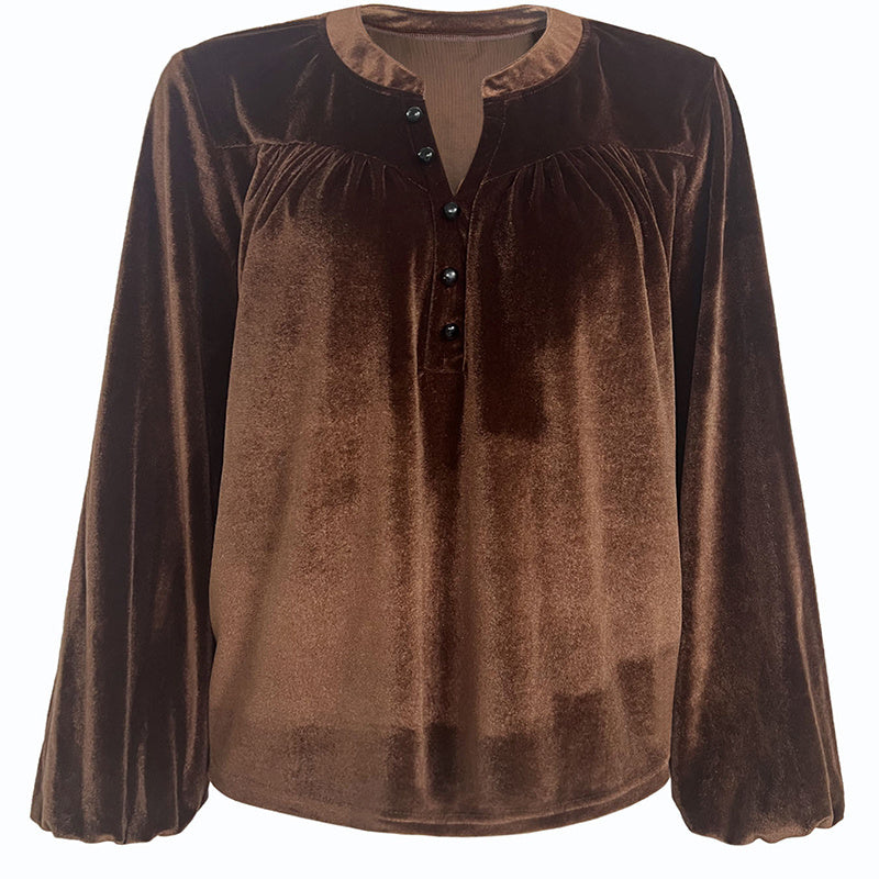 Women's Solid Color V-Neck Button Detail Long Sleeve Pullover Top Casual Elegant Office Blouse