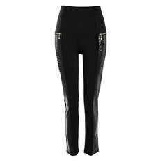 Plus Size Women's Faux Leather Splice Pants With Zip Detail Slim Fit Trousers For Spring&Fall