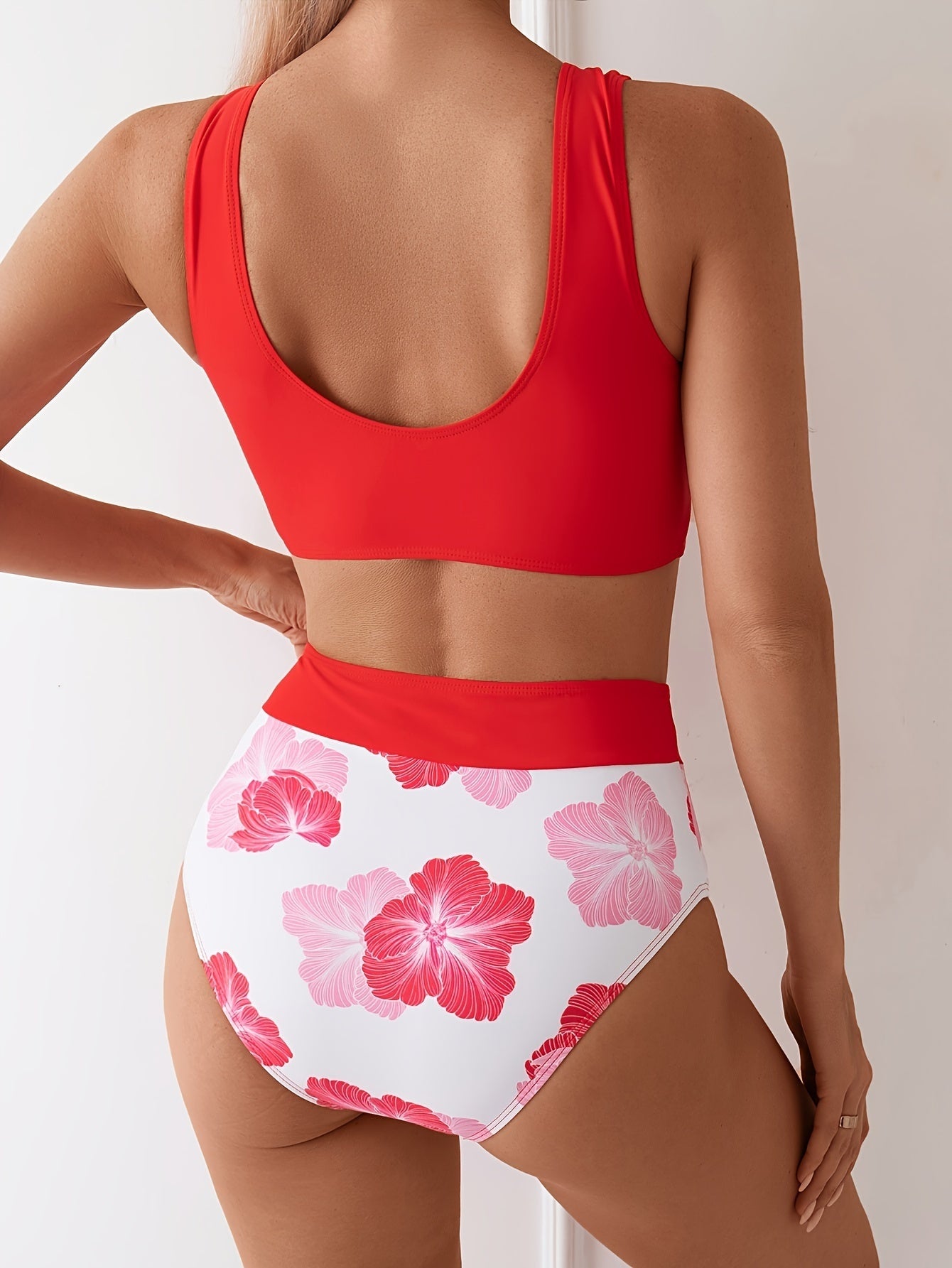 Women's Flower Print Bikini Set Chest Drawstring Stitched Bikini Holiday Style