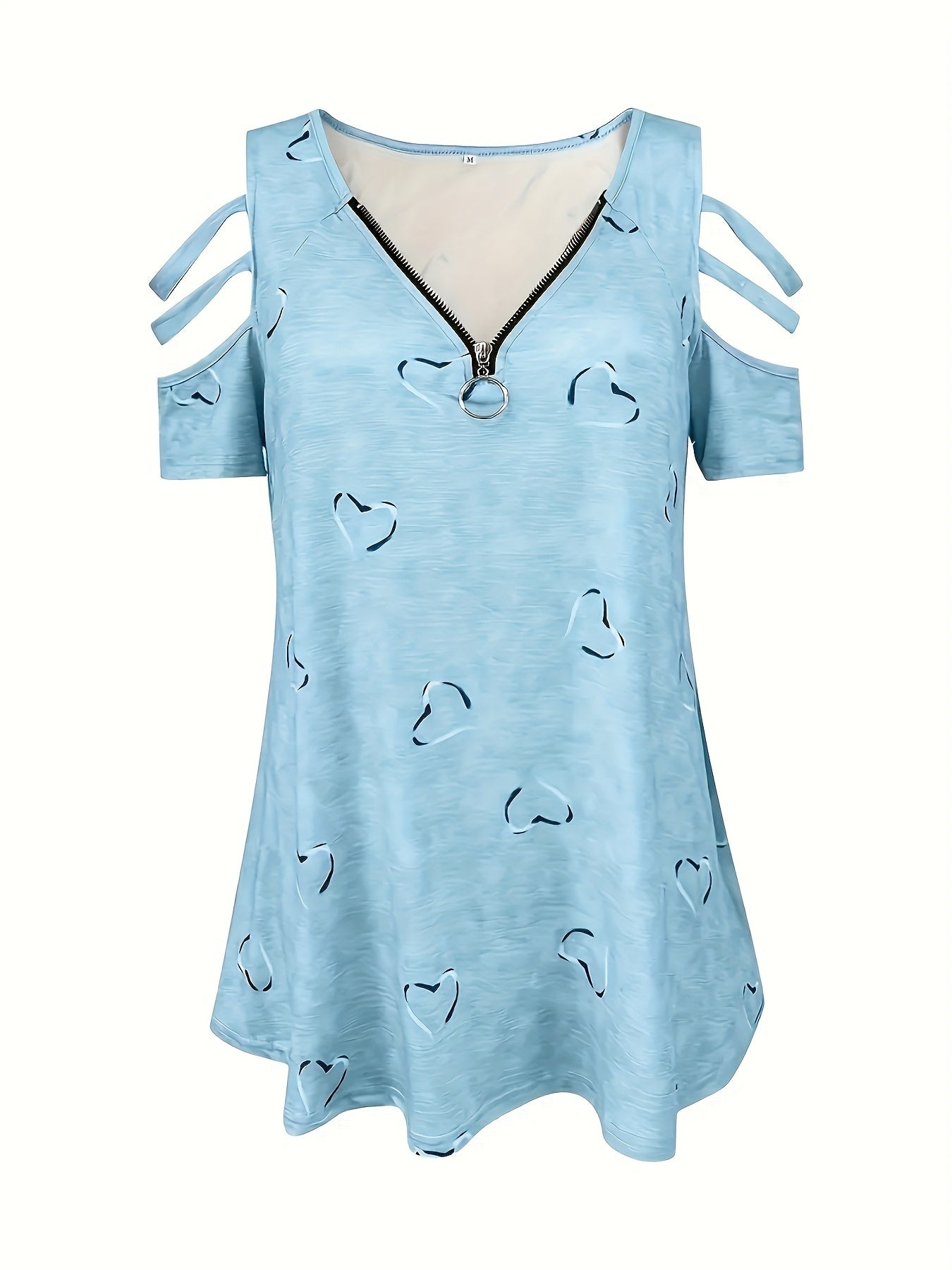 Self-pick-up Plus Size Women'S Casual Heart Print Zipper Short Sleeve Off Shoulder T-Shirt Only Self-pickup Is Supported