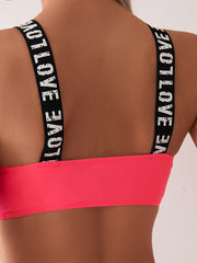 Women's Fashionable Bikini Set - Sexy Pink Lettered Shoulder Strap Swimsuit Set For  Vacation Style
