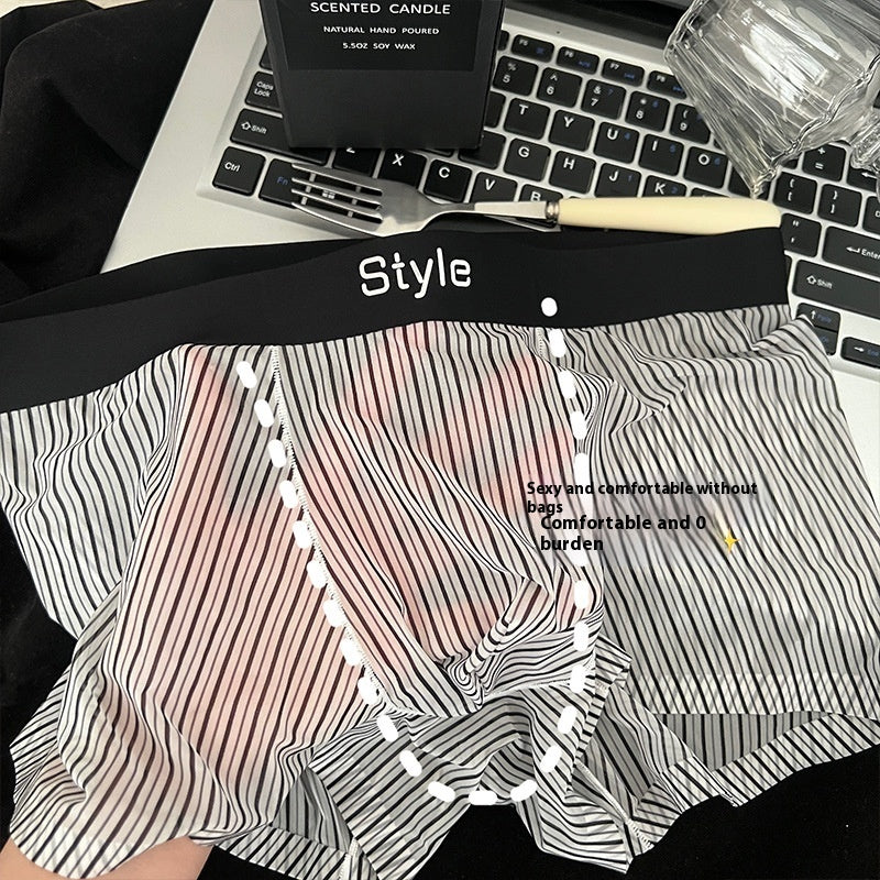 Vintage Stripe Men's Ice Silk Breathable Transparent Bottom Crotch Boxer Briefs
