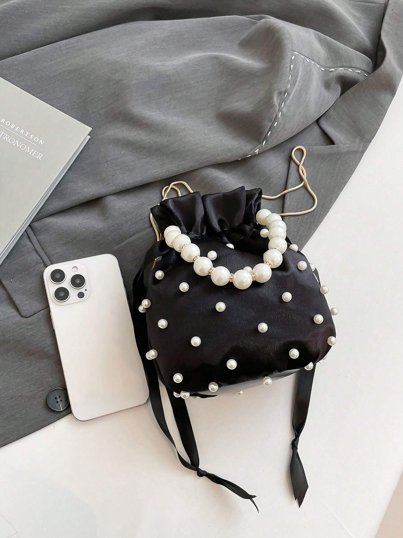 European And American  Pleated Silk Small Bag For Women Summer New Style Hand-held Pearl Chain Shoulder Diagonal Bucket Bag