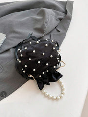 European And American  Pleated Silk Small Bag For Women Summer New Style Hand-held Pearl Chain Shoulder Diagonal Bucket Bag
