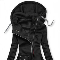 Women's Solid Color Long Sleeve Zip-Front Drawstring Hooded Jacket With Pockets Slim Fit Pleated Detail Top For Spring&Fall