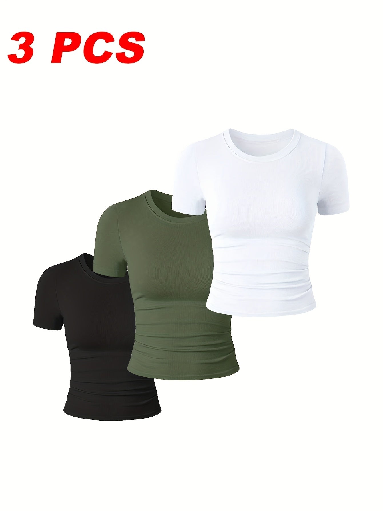 3 Packs Womens' Stretchy Ribbed High Neck Short Sleeve Gym Workout Slim Fitted Casual Full Length Top T-Shirt Perfect For Both Workouts And Casual Outings.