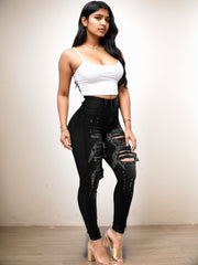 Versatile Women's High Waisted Elastic Ripped Tight Jeans, High-quality, Easy To Fit, Comfortable And Fashionable - Street Style Sexy Basic Jeans, Women's Jeans And Clothing