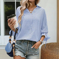 Women's V-Neck Striped Short Sleeve Blouse With Ruffled Cuff Tie & Back Slit Design Fashionable Spring&Summer Top