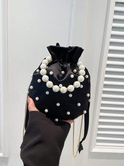 European And American  Pleated Silk Small Bag For Women Summer New Style Hand-held Pearl Chain Shoulder Diagonal Bucket Bag