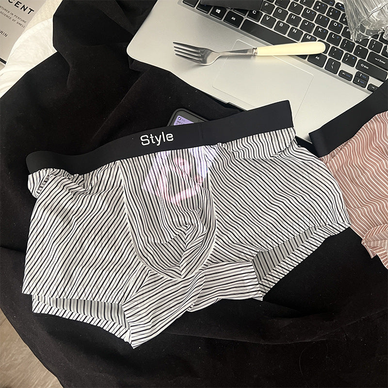 Vintage Stripe Men's Ice Silk Breathable Transparent Bottom Crotch Boxer Briefs