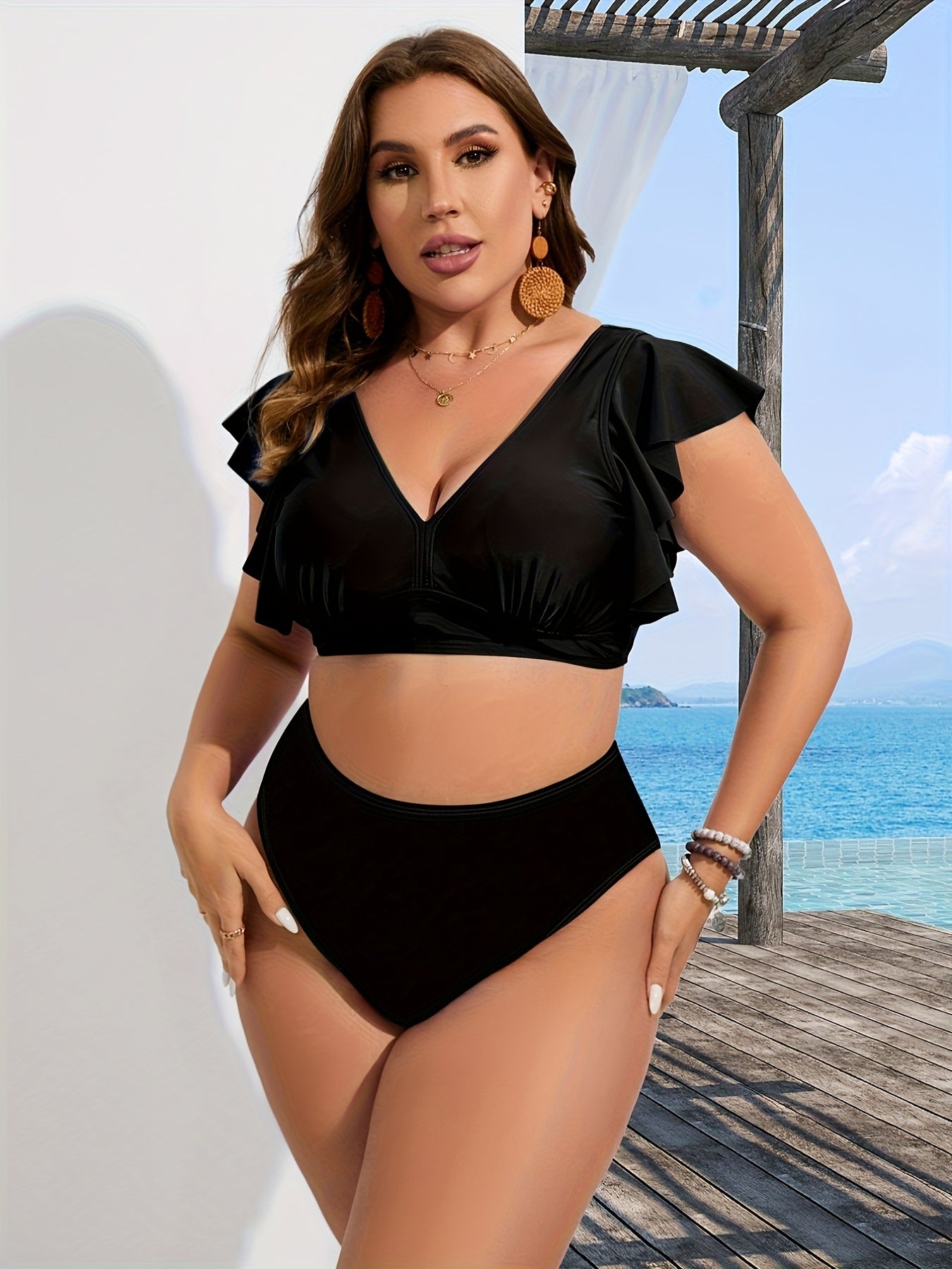 Women's Plus-size Bikini Set, Random Print, Sexy Backless V-neck, Solid Color Lotus Leaf Edge Two-piece Swimsuit, Vacation Style