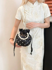 European And American  Pleated Silk Small Bag For Women Summer New Style Hand-held Pearl Chain Shoulder Diagonal Bucket Bag