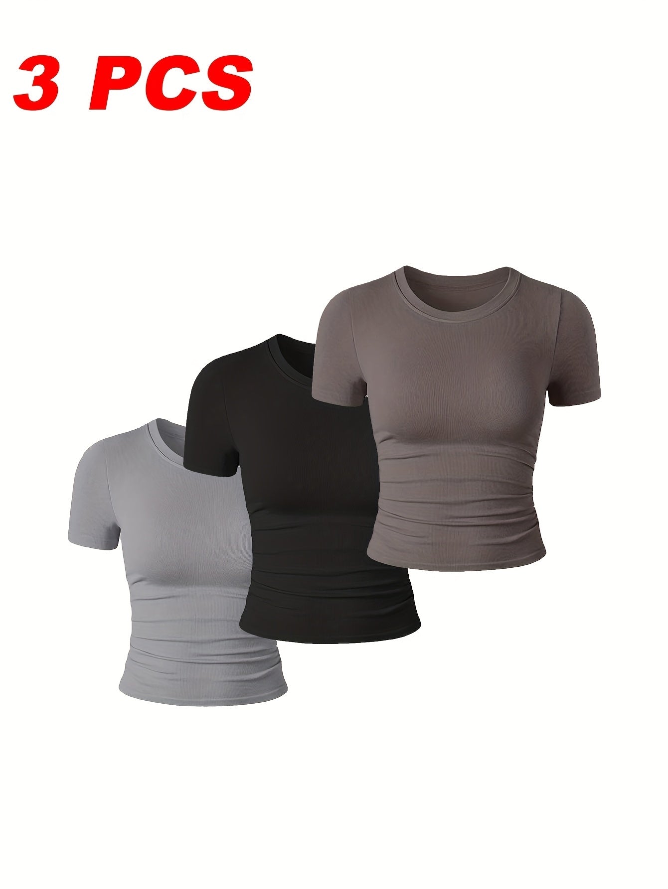3 Packs Womens' Stretchy Ribbed High Neck Short Sleeve Gym Workout Slim Fitted Casual Full Length Top T-Shirt Perfect For Both Workouts And Casual Outings.