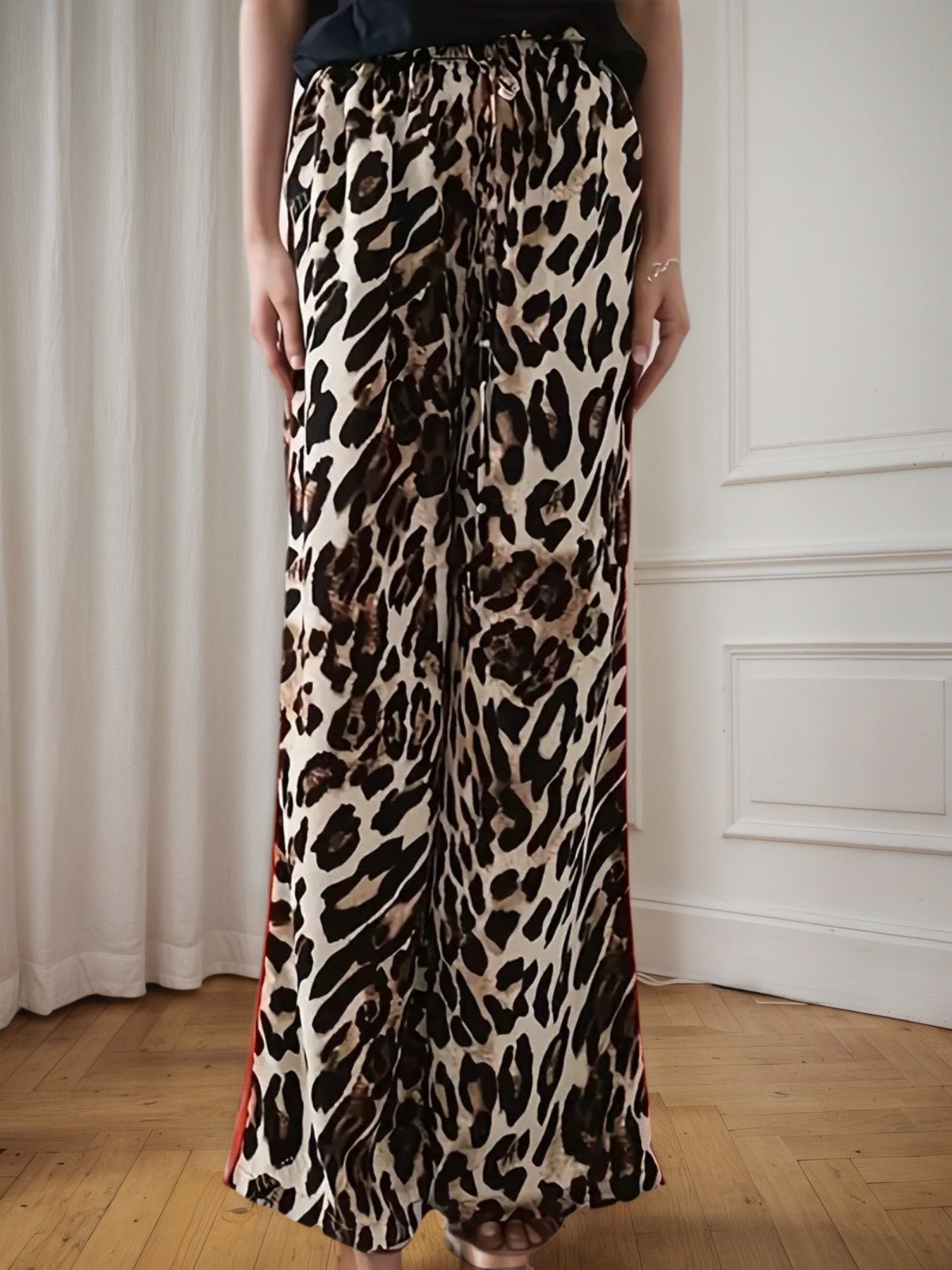 2025 New Women's Casual Pants With Drawstring Leopard Print Color Blocking Side Stripes Straight Leg Wide Leg Loose Pants Comfortable And Skin Friendly