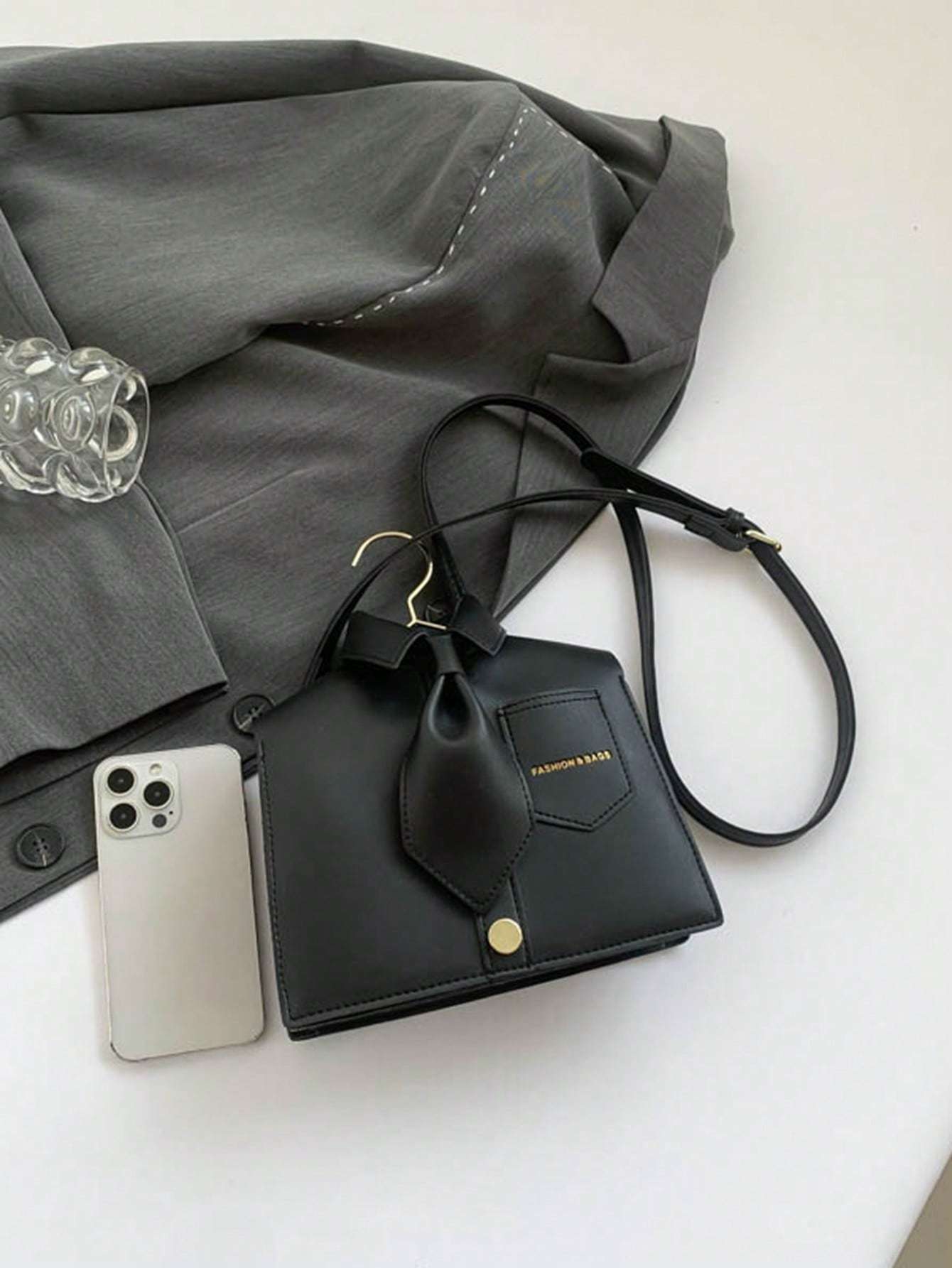 Quirky Shaped Collar Women Crossbody Bag, Fashion Black Flap Shoulder Bag, Phone Pouch, Interesting Gift