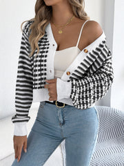 Autumn And Winter Color-blocked Striped Lantern Long Sleeve Cardigan Short Coat Sweater