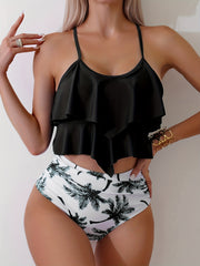 Palm Tree Print Bikini Sets, Ruffle Round Neck High Waist High Cut Two Pieces Swimsuit, Women's Swimwear & Clothing For Palm Sunday