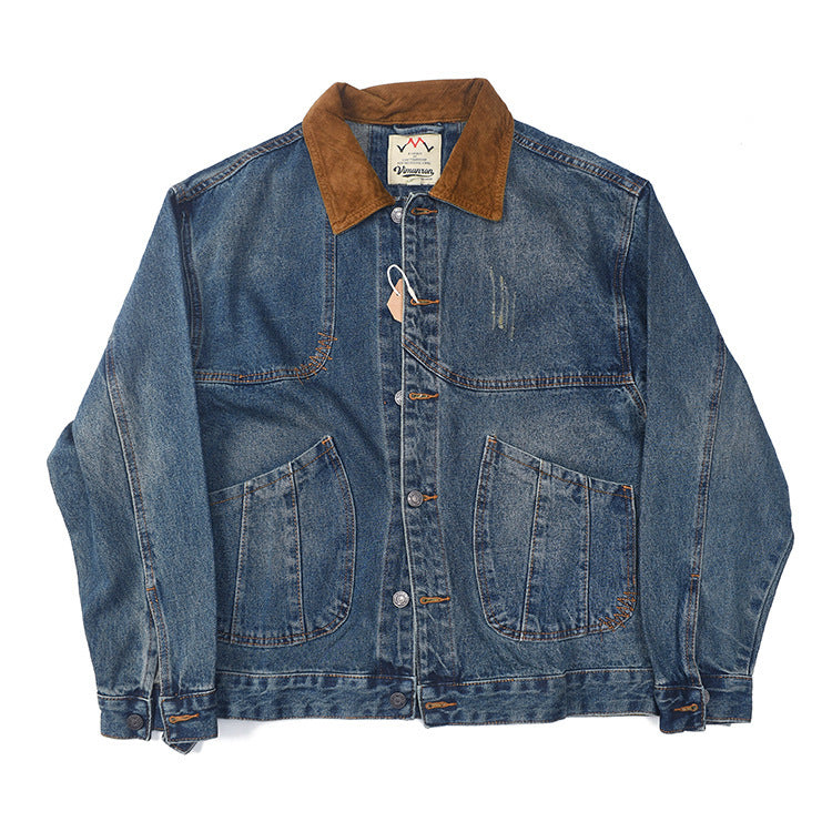 Patchwork Lapel American Retro Distressed Washed Denim Jacket