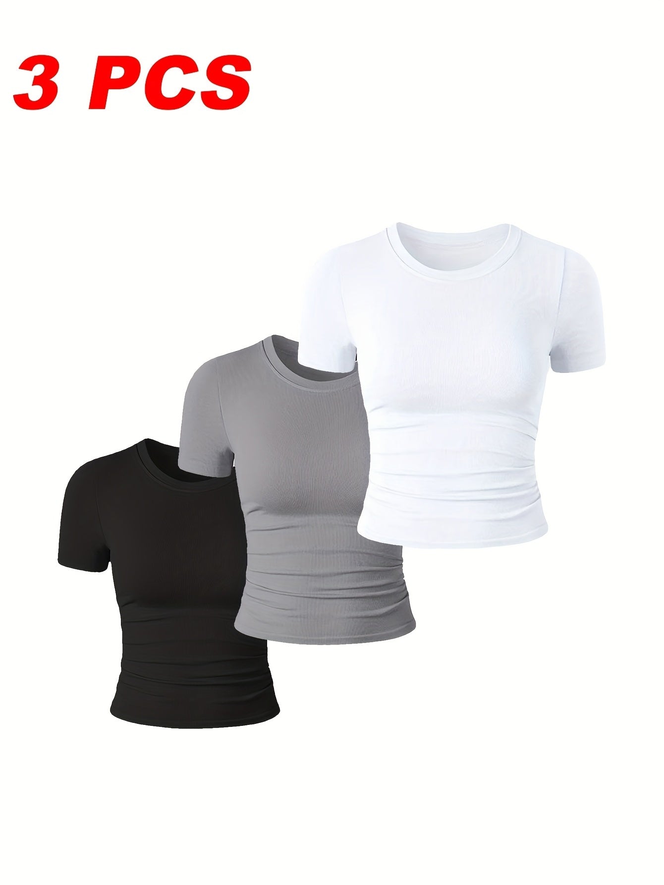 3 Packs Womens' Stretchy Ribbed High Neck Short Sleeve Gym Workout Slim Fitted Casual Full Length Top T-Shirt Perfect For Both Workouts And Casual Outings.