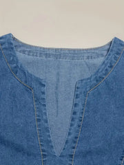 2025 Women's New Denim Dress, V-neck Pleated Pocket, Short Sleeved, Casual Style, Suitable For All Seasons, Fashionable And Good-looking