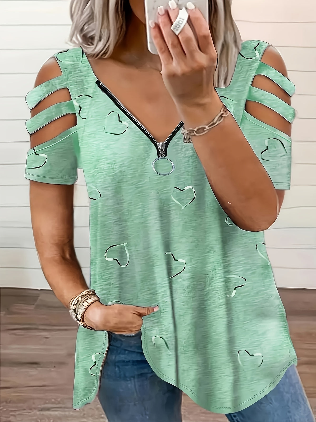 Self-pick-up Plus Size Women'S Casual Heart Print Zipper Short Sleeve Off Shoulder T-Shirt Only Self-pickup Is Supported