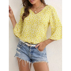 Womens Summer Floral Print Blouses V-Neck Flare Sleeve Tops Dressy Casual T-Shirts